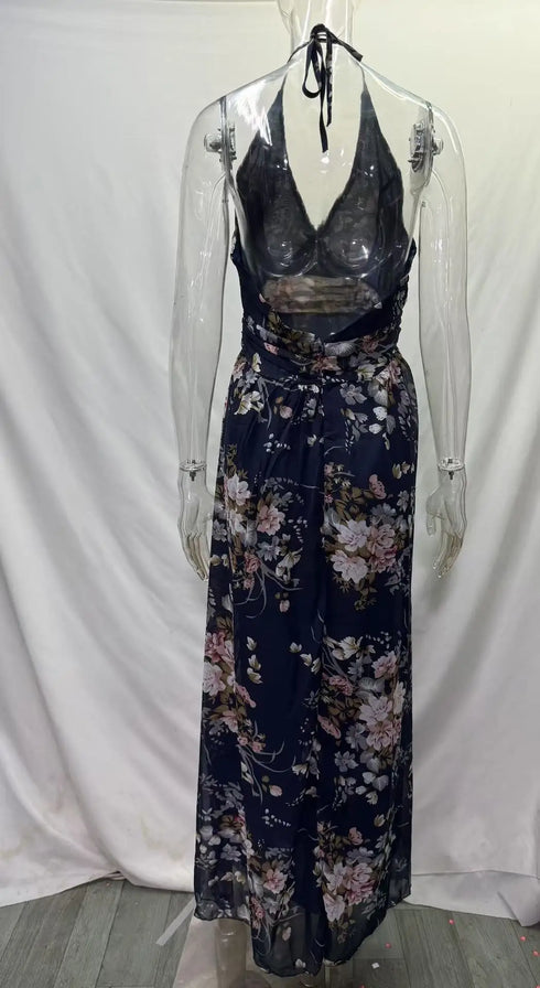 Elegant Flower Print Chiffon Dress for Women - Sexy Halter V Neck Backless Long Summer Fashion Party Dress